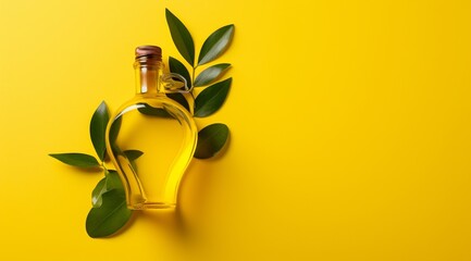 Generative AI image of a heart shaped bottle of olive oil with leaves