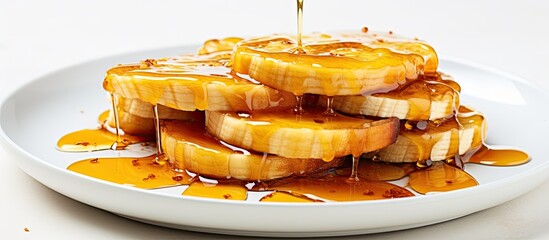 Banana slices on a plate drizzled with honey. - Powered by Adobe