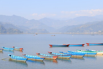 lakeview of Phewa lake in nepal, pokhara and the far view of Tal Barahi Temple 