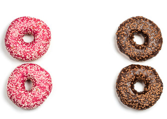 Chocolate and pink donut on white background, delicious dessert