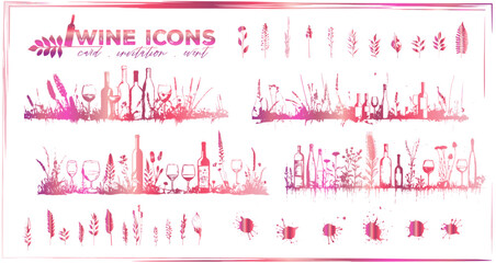 Invitation wine icons - Collection of wine glasses, bottles and plants.  Elements for invitation cards, advertising banners and menus.