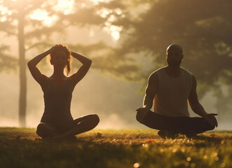 Young couple doing yoga at sunset. Healthy lifestyle