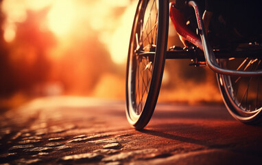 Preparing for wheelchair marathon. Paraplegic male athlete in racing wheelchair warming up alone at...