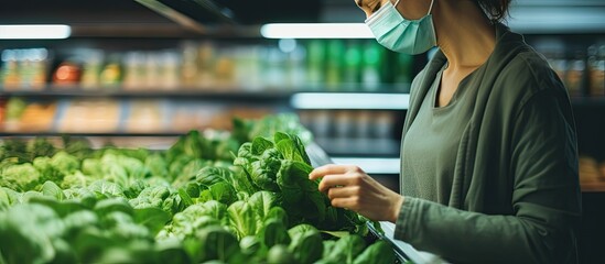 Masked woman shopping for fresh greens in a supermarket during the pandemic for a healthy plant-based diet amid Covid-19 quarantine prep. - obrazy, fototapety, plakaty