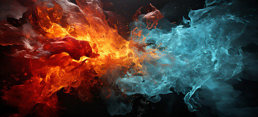 Struggle of fire flames and water splash on dark background