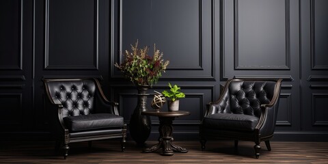 Black armchairs and coffee table in a timeless interior.