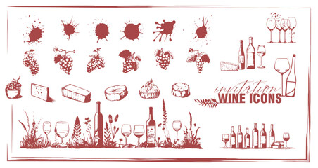 Fototapeta na wymiar Invitation wine icons - Collection of wine glasses, bottles and plants. Elements for invitation cards, advertising banners and menus.