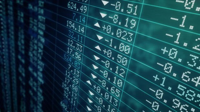 Loopable Animation of Stock Sticker Trading Display Showing Profits and Losses of Fake Company Indexes and Shares.
