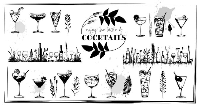 Set of cocktail glasses and plants - Cocktail bar menu. Vector elements for restaurant and cafe. Modern design template with different cocktails.