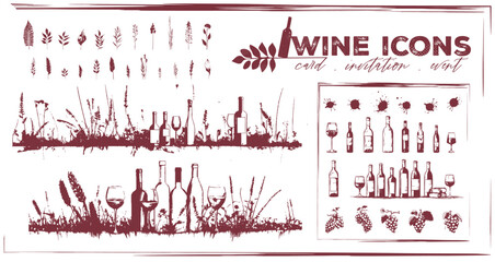 Invitation wine icons - Collection of wine glasses, bottles and plants.  Elements for invitation cards, advertising banners and menus. - obrazy, fototapety, plakaty