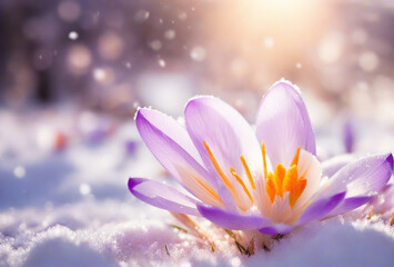 Flower in snow with lightning effects. AI 