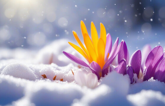 Flower in snow with lightning effects. AI
