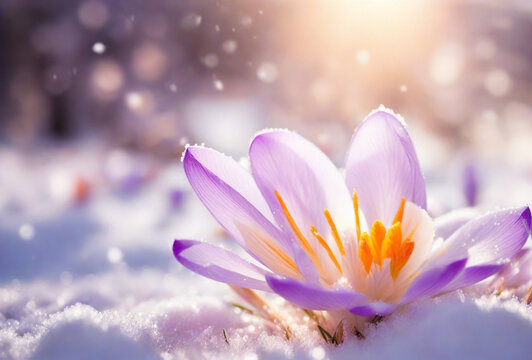 Flower in snow with lightning effects. AI
