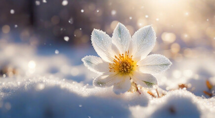Flower in snow with lightning effects. AI
