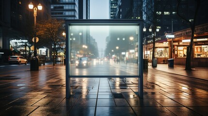 Blank billboard on a rainy city street at night - obrazy, fototapety, plakaty