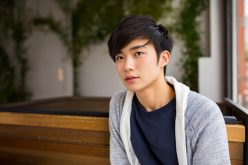 真剣な表情で見つめる若いアジア人男性