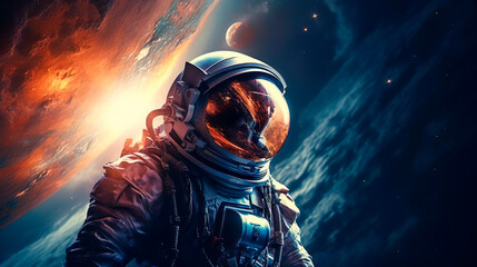 A portrait of a male astronaut explores mysterious outer space. An expedition into deep space in...