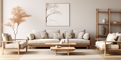 Stylish Japandi template for modern home staging with Scandinavian-inspired living room design. - obrazy, fototapety, plakaty