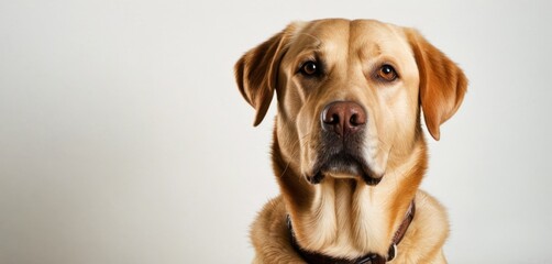  a close up of a dog's face with a white wall in the background and a white wall in the background.