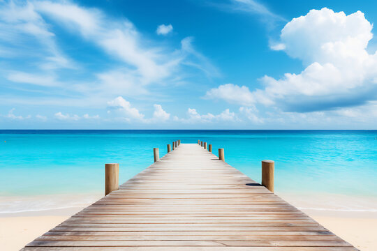 Fototapeta Wooden dock pier on beach in sun for tourism, ai generative