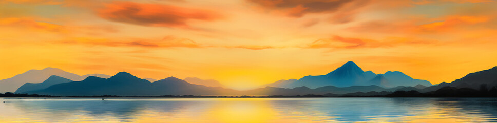 Obraz premium Summer lake view in evening with mountains illustration, ai generative