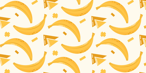 Abstract seamless pattern with bananas, geometric shapes. Summer fruit vector illustration for paper, cover, fabric, gift wrap. Cartoon flat style
