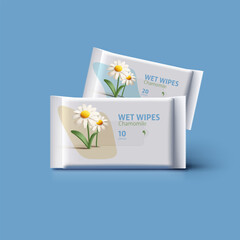 3d vector mock up for wet wipes pouch or pack chamomile scent, 3d render flower illustration - obrazy, fototapety, plakaty