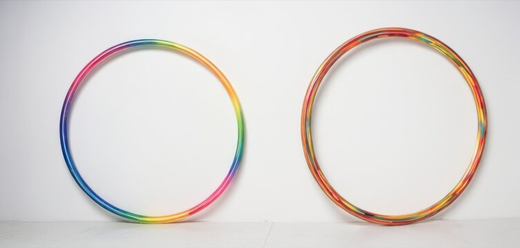  a pair of multicolored hoops on a white surface with a white wall in the background and a white wall in the foreground.