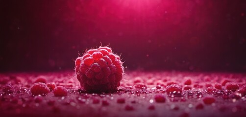  a bunch of raspberries on the ground with water droplets on the ground and a bright light in the background.