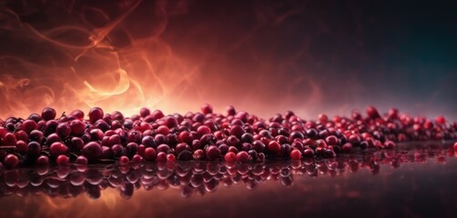  a pile of cranberries sitting on top of a table next to a pile of red cranberries.