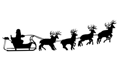 black silhouette of santa claus and reindeers