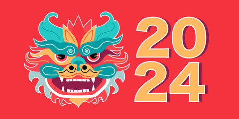 Dragon Lunar New Year 2024 illustration set on dark red background. Chinese zodiac Dragon. Symbol of Good Fortune. Vibrant Celebrations New Year Clip Art.
