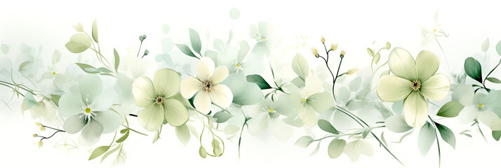 Watercolor Painting. Dreamy Floral Background, Light Green and White Banner with Wildflowers. Artistic Illustration.
