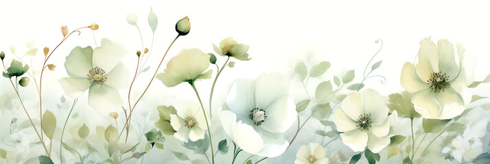 Watercolor Painting. Dreamy Floral Background, Light Green and White Banner with Wildflowers. Artistic Illustration.

