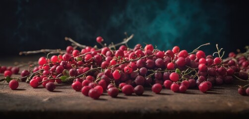  a bunch of red berries sitting on top of a piece of wood next to a bunch of green leaves on top of a table.