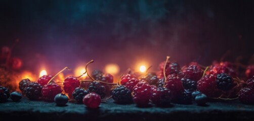  a table topped with lots of blackberries and raspberries on top of a table next to a lit candle. - obrazy, fototapety, plakaty