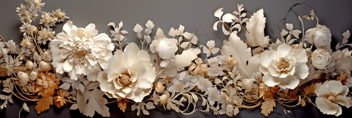 close-up of a bouquet of flowers. Baroque elements. exquisite floral details, rococo ivory.