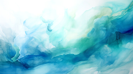 Alcohol Ink Painting, Abstract Painting in Blue and Green Tones, Diffused Turquoise Light, Flowing Aqua Silk, Blue Mist, Flowing Silk, Dynamic Pearlescent Wallpaper. Horizontal Watercolor Painting.