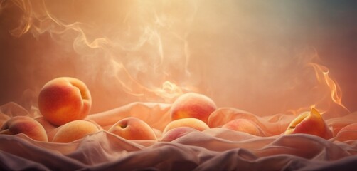  a pile of peaches sitting on top of a bed covered in a white blanket with smoke coming out of them. - obrazy, fototapety, plakaty