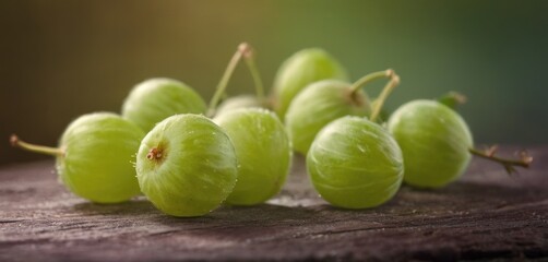 a group of green grapes sitting on top of a wooden table next to a piece of fruit on top of a piece of wood.