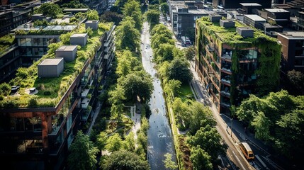 Aerial view of a modern sponge city, plants as the lungs of modern megacities, sustainable green future