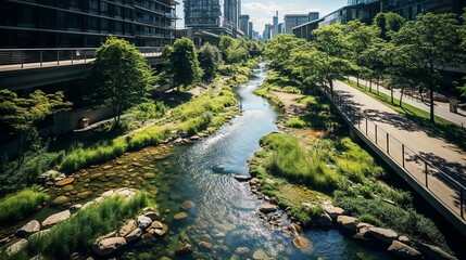 Aerial view of a modern sponge city, plants as the lungs of modern megacities, sustainable green future