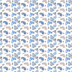 watercolor pattern with butterflies, insects, hand drawn. Natural print for handmade fabric and paper. Drawing with moths and moths
