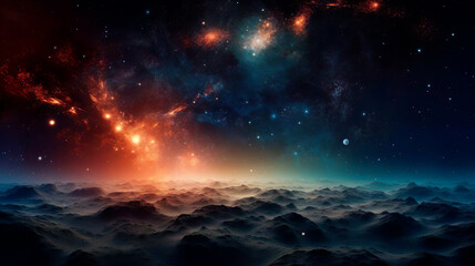 View of the nebula, cosmic clouds, starry sky from the surface of a desert alien planet. The stars...