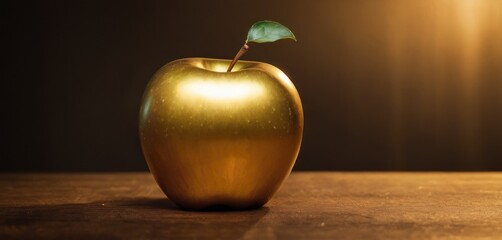  a golden apple sitting on a table with a green leaf sticking out of the top of it's stem.