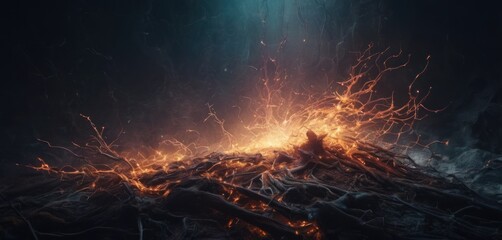  a fire in the middle of a forest with lots of branches and fire coming out of the top of it.