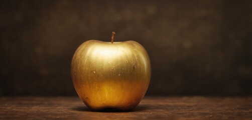  a golden apple sitting on top of a wooden table next to a brown wall and a black wall behind it. - obrazy, fototapety, plakaty