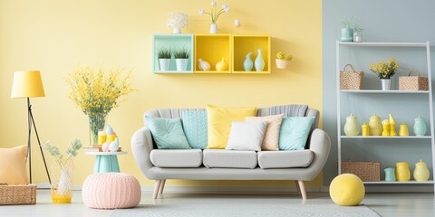 Easter-themed decor enhances chic living room ambiance.
