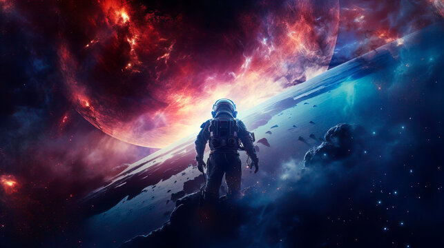 An astronaut in space suit and helmet on an alien wild planet. Scientific expedition mission flight to new planet and star. Space tourism of the future. Discovering new spaces in the universe.