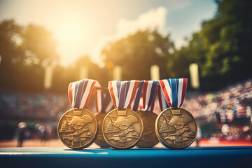 Gold medals on pedestal at sunrise ai generated art